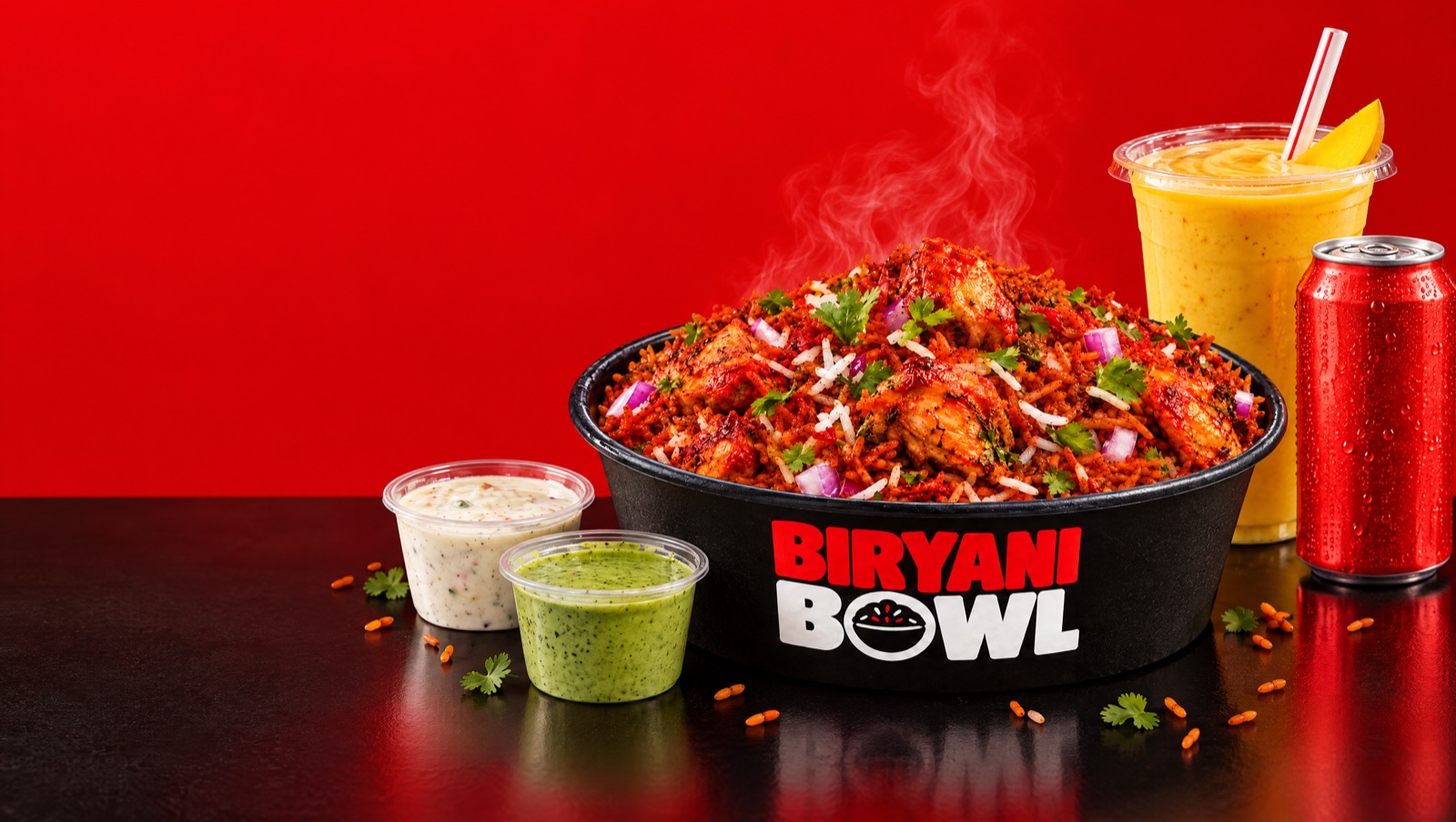 Biryani Bowl -ateria: kulho, kastikkeet ja juomat